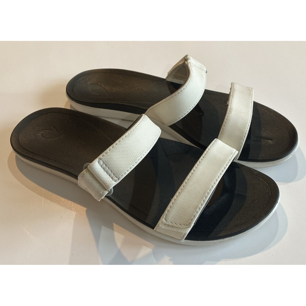 Olukai Kipuka Sandals, 9 Women Black White Slides Summer Comfort